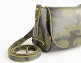 [Camo/Palomino] Crossbody side view showing adjustable strap with gold buttons and strap keeper.