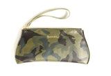 [Camo/Palomino] Wristlet front view with strap and top zippered closure.