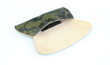 [Camo/Palomino] leather Pommel Clutch open view showing blonde suede.